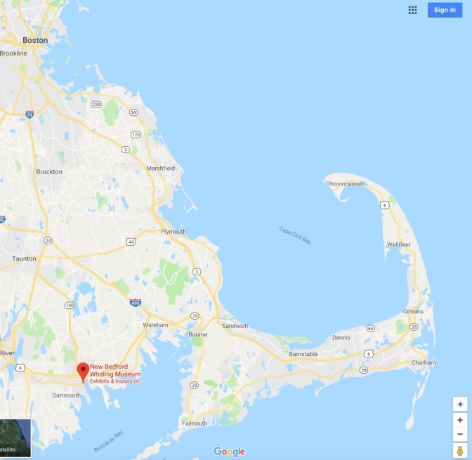 Map of eastern Massachusetts, with a pin in New Bedford.
