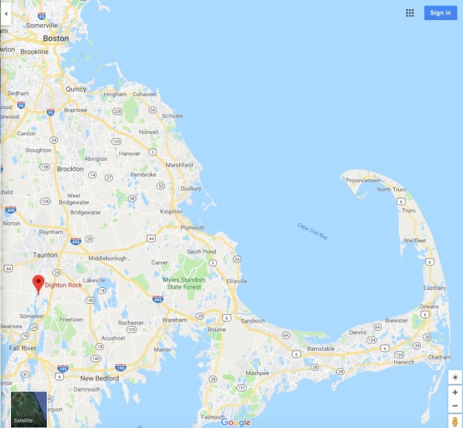 Map of Southeastern Massachusetts, with a red pin in Dighton Rock.