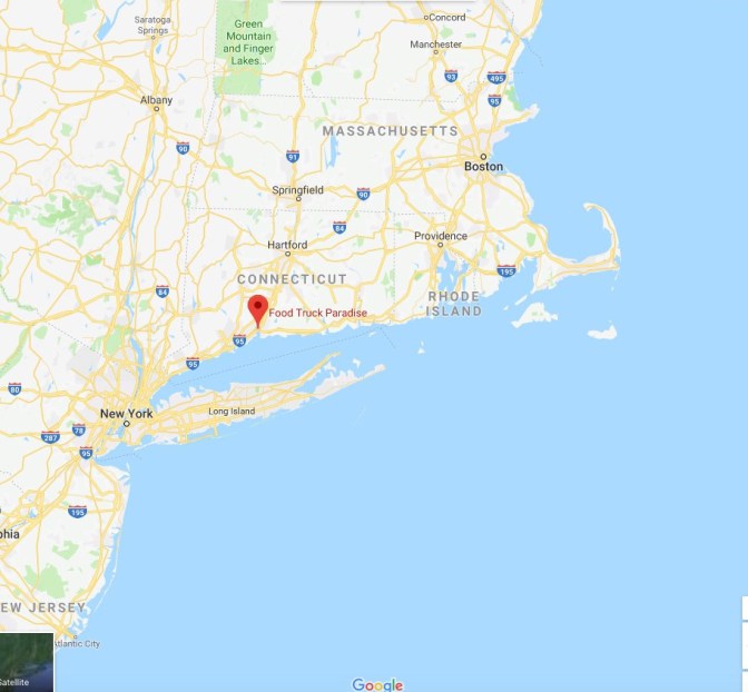 Map of Connecticut, with a red pin in Food Truck Paradise in New Haven.
