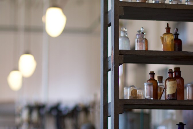 Bottles on shelves in the chemistry lab.