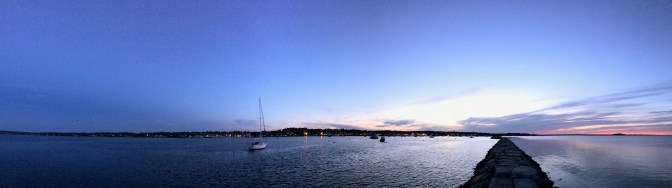 Plymouth Harbor at dusk.