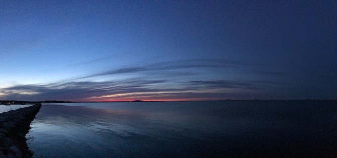 View of Plymouth Harbor at dusk.