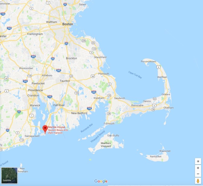 Map of New England, with a red pin in the location for the Marble House in Newport.