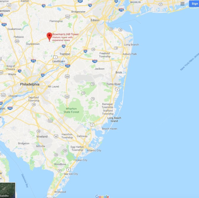 Map of New Jersey and Pennsylvania, with a red pin in the location of Bowman's Hill Tower, northwest of Trenton.