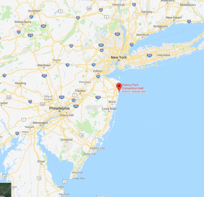 Map of New Jersey with a pin in the location of Asbury Park.
