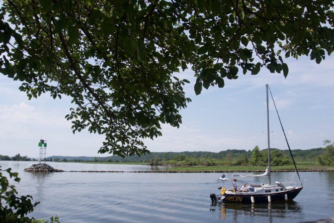 Small sailing vessel heading out of the dock near the lighthouse. A tree branch is in the foreground.