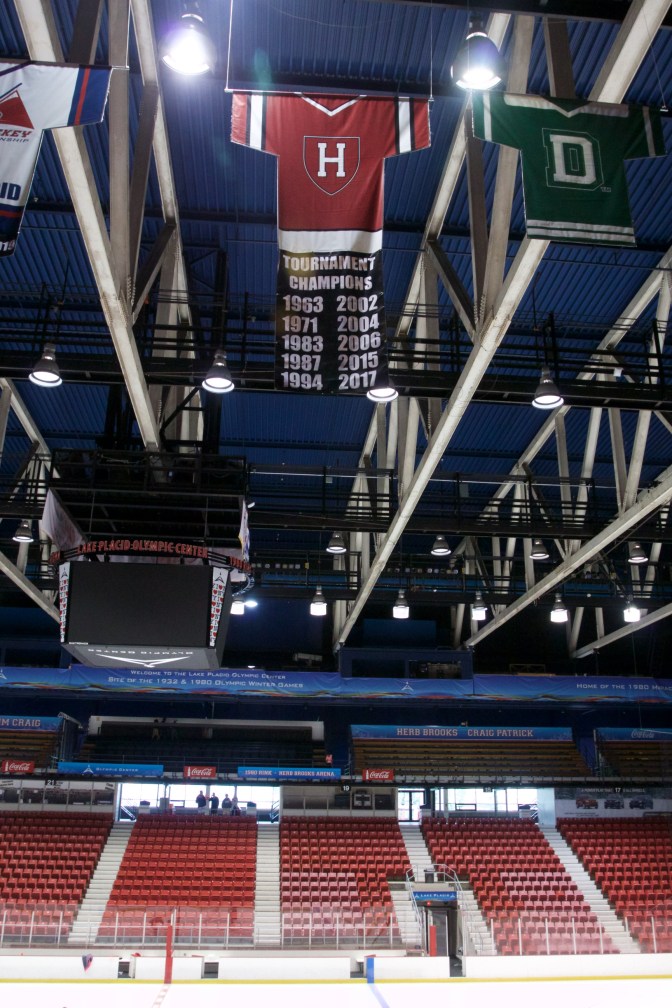 Banner hanging that lists the years Harvard won the ECAC tournament: 1963 1971 1983 1987 1994 2002 2004 2006 2015 2017