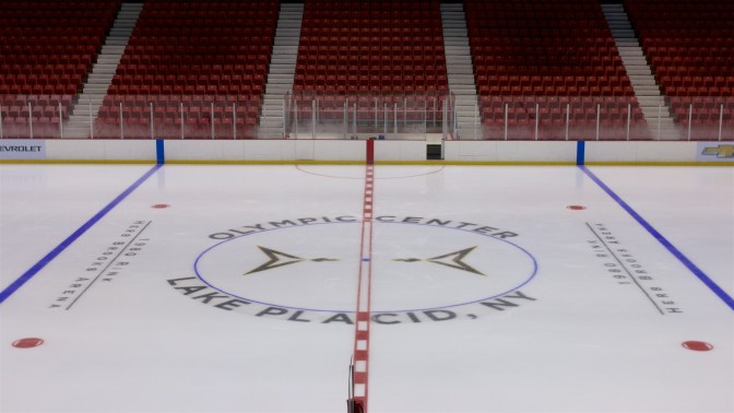 Center Ice circle of the rink. It says OLYMPIC CENTER LAKE PLACID NY.