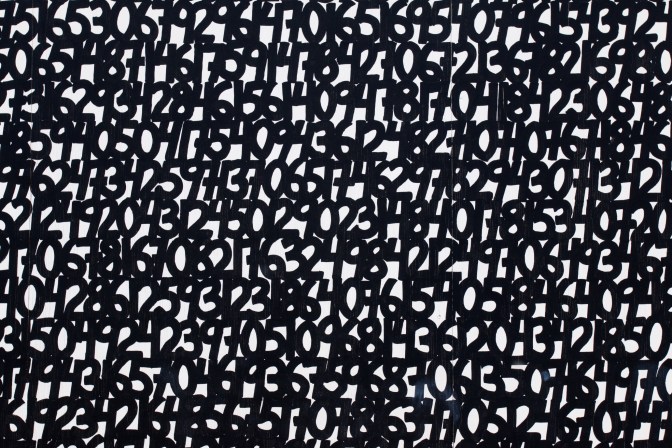 Mural filled with numbers, black type on white background.