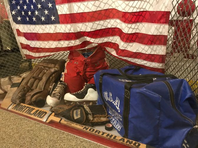 Goaltending equipment of Jim Craig, along with a net and a US flag from the game.