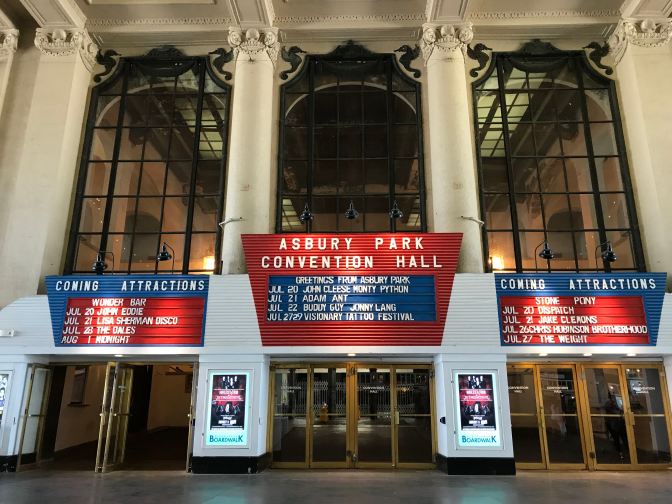 Convention Hall Billboard showing coming acts.