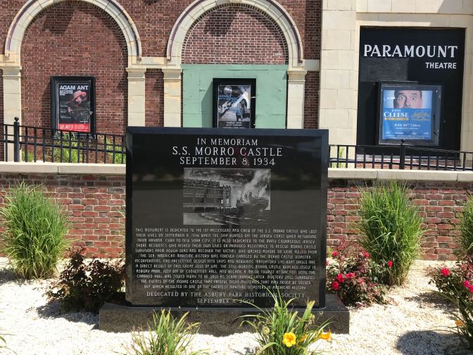 Granite plaque in front of the Paramount Theater commemorating the SS Morro Castle Disaster.