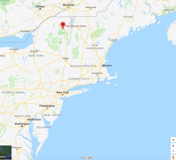 Map of the Northeastern United States, with a red pin in the location of the Herb Brooks Arena in Northern New York.
