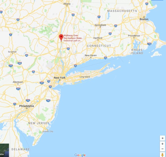 Map of New York, Connecticut, Rhode Island, and New Jersey, with a pin in the location of Walkway Over the Hudson.