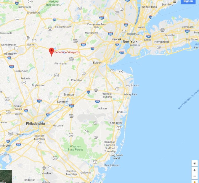 Map of New Jersey with a red pin in the location of Beneduce Vineyards.