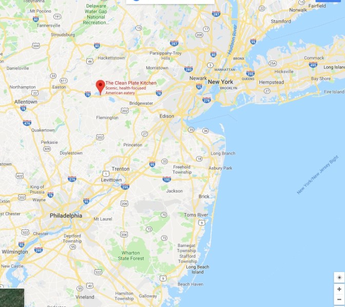 Map of North Jersey with a red pin in the location of The Clean Plate Kitchen in Clinton, NJ