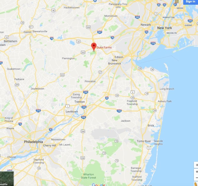 Map of New Jersey, with a red pin in the location of Dukes Farms.