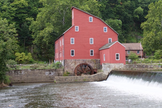 View of the Red Mill with the Raritan River in the foreground.