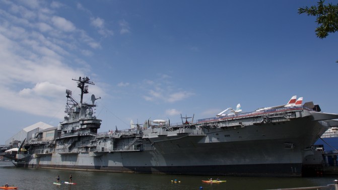 View of the USS Intrepid from the starboard side.