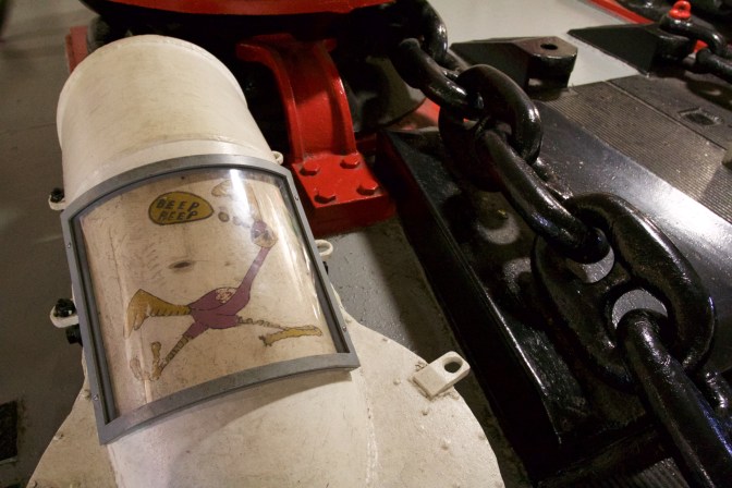 Drawing of the road runner cartoon on the anchor chain machinery.