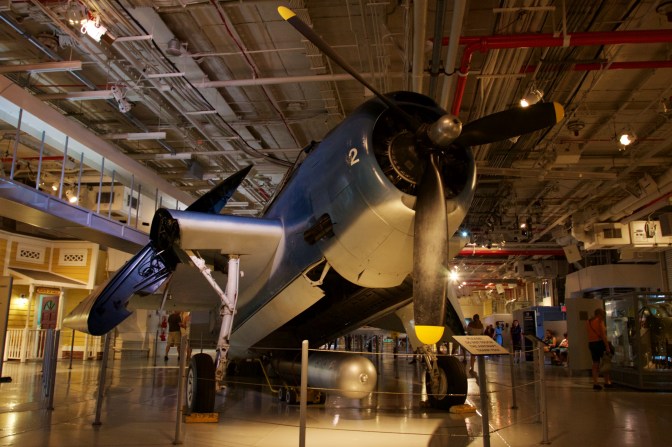 Grumman TBM Avenger on hangar deck.