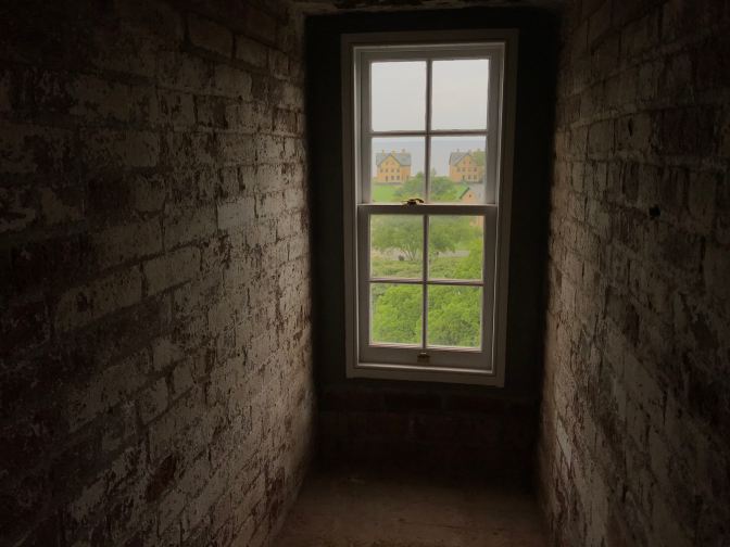 View of a window looking out at Sandy Hook.