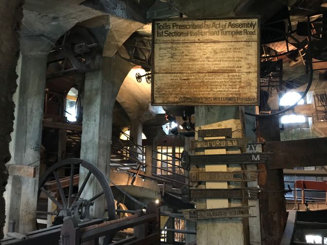 Toll sign and road signs.