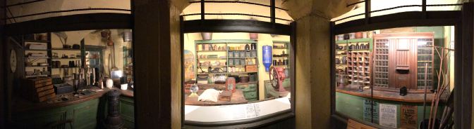 Panorama of 19th century country store.