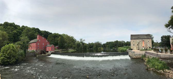 Panorama of the Raritan River, with the Red Mill on the left and the Stone Mill on the right.