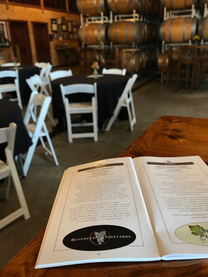 Wine passport book, open to Beneduce Vineyards page.