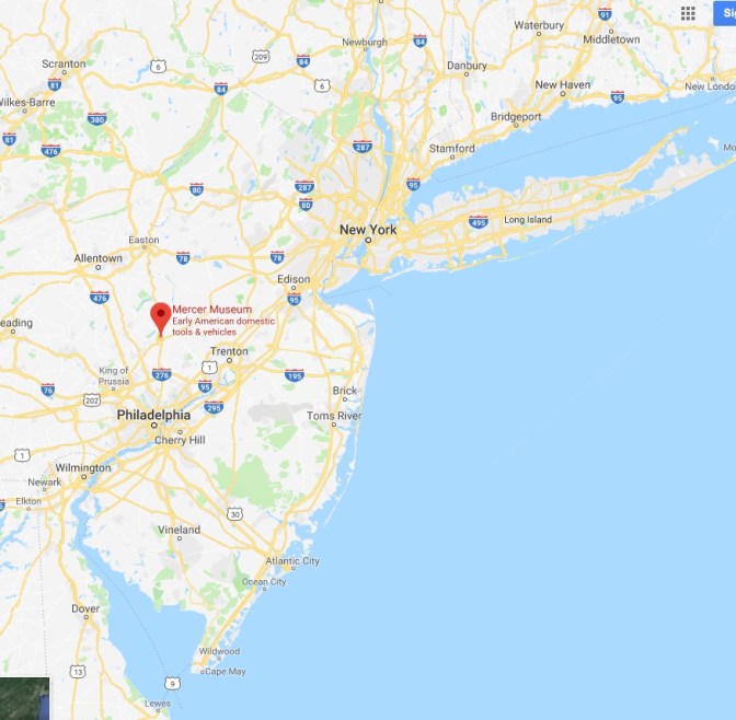 Map of eastern Pennsylvania, with a red pin in the location of the Mercer Museum.