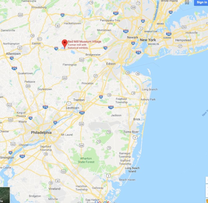 Map of New Jersey, with a red pin in the location of the Red Mill Museum Village in Clinton.