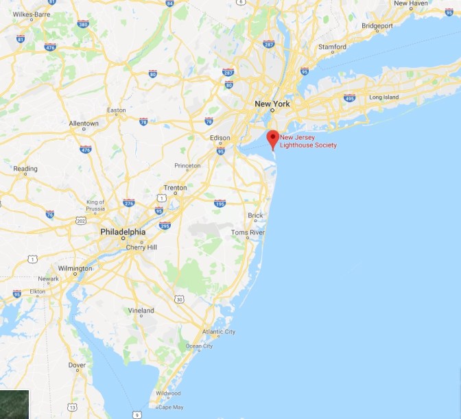 Map of New Jersey, with a red pin in the location of Sandy Hook.