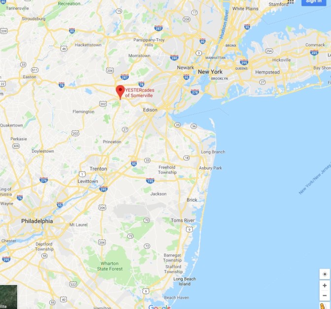 Map of NJ with a red pin in the location of Yestercades in Somerville, NJ.