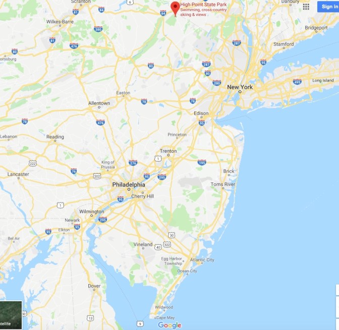 Map of New Jersey with a red pin in the location of High Point State Park in the northwestern corner of the state.