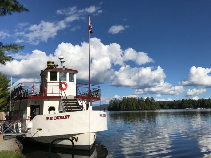 WW Durant river cruise ship docked along Raquette Lake.
