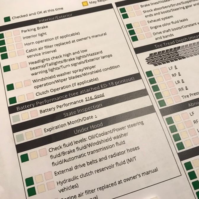 Inspection sheet from dealership for 2012 Honda Accord. All inspection items are labeled green for Checked and OK at this time.