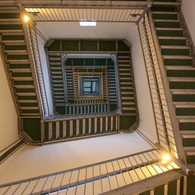 View of staircases from below.