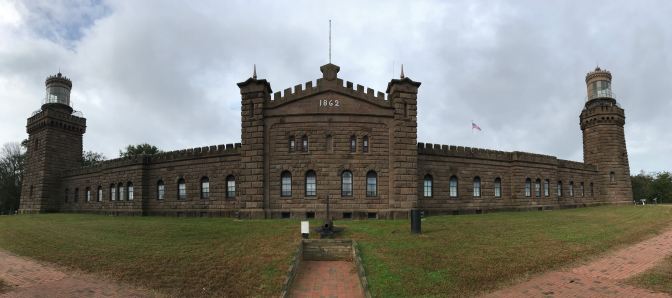 Panorama of exterior of Navesink Twins Lighthouse.