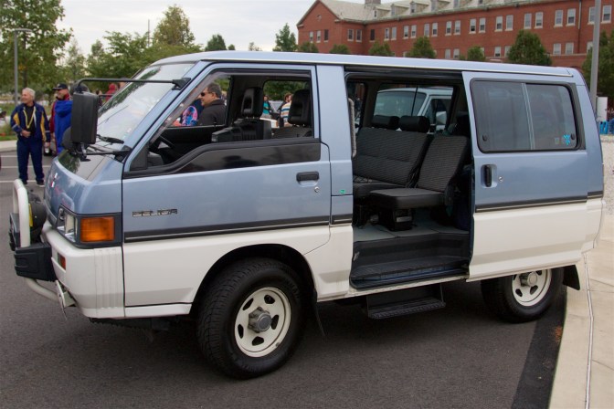 Mitusbishi Delica van, in blue and white.