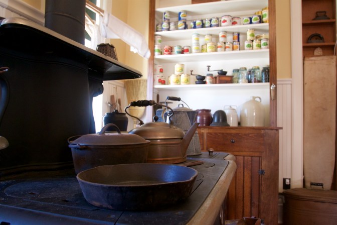 Pots and pans on stove, with cabinet with canned goods in background.