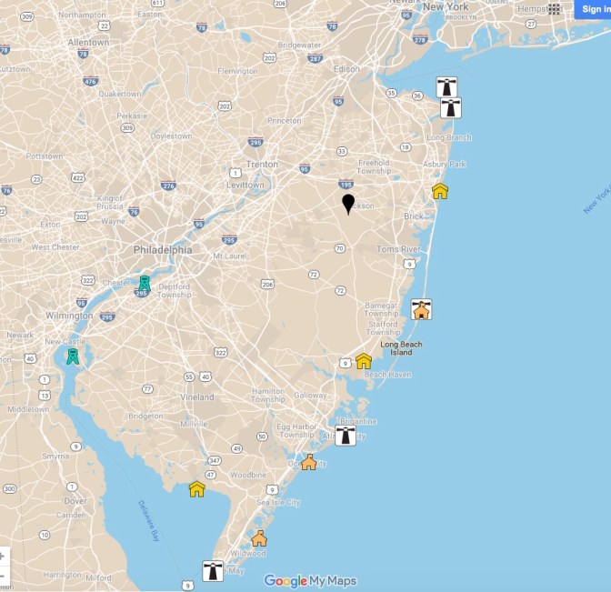 Map of NJ Lighthouses, with icons for each lighthouse in the state.