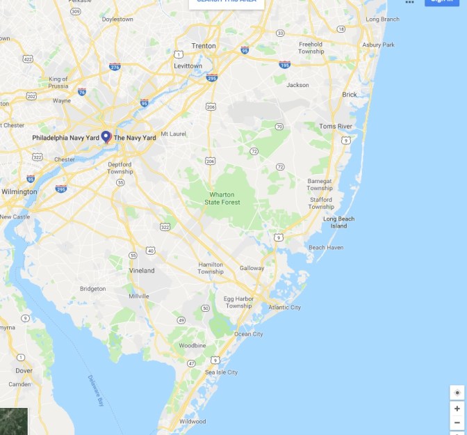 Map of New Jersey and Pennsylvania, with a blue pin in the location of the Philadelphia Navy Yard.