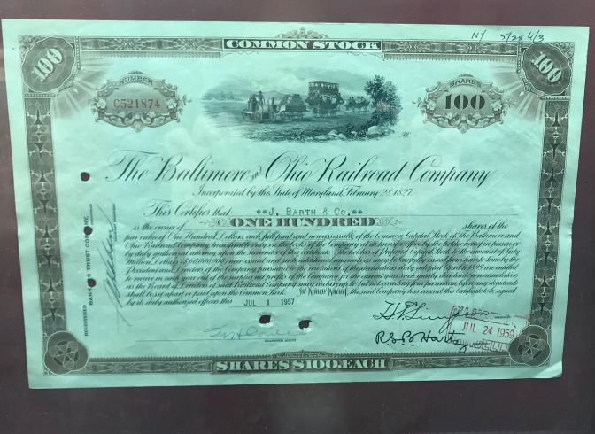 Share certificate for the Baltimore and Ohio Railroad Company.