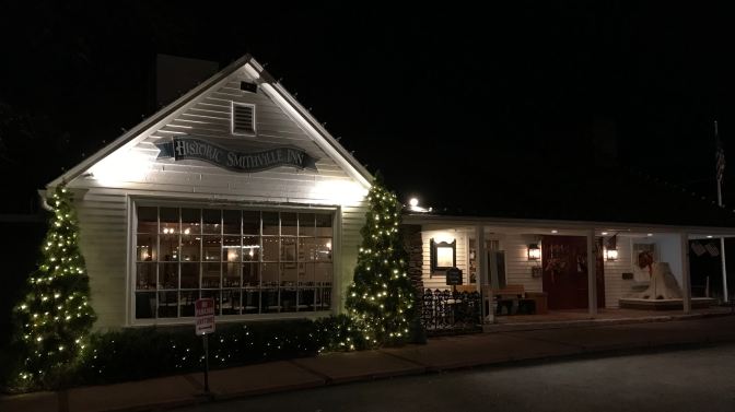 Exterior of Historic Smithville Inn at night.