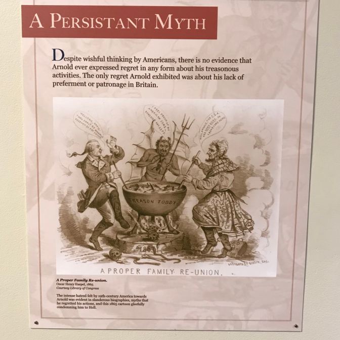 Political cartoon of Benedict Arnold. It has two witches stirring a caldron with the words TREASON TODAY on the caldron. The third character is Benedict Arnold. The caption says A PERSISTANT MYTH: DESPITE WISHFUL THINKING BY AMERICANS, THERE IS NO EVIDENCE THAT ARNOLD EVER EXPRESSED REGRET IN ANY FORM ABOUT HIS TREASONOUS ACTIVITIES. THE ONLY REGRET ARNOLD EXHIBITED WAS ABOUT HIS LACK OF PREFERMENT OR PATRONAGE IN BRITAIN.