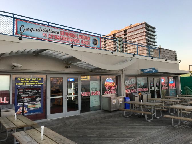 Exterior of Silverball Museum with a sign on the top of the store that says CONGRATULATIONS SILVERBALL MUSEUM #1 ATTRACTION IN NEW JERSEY.