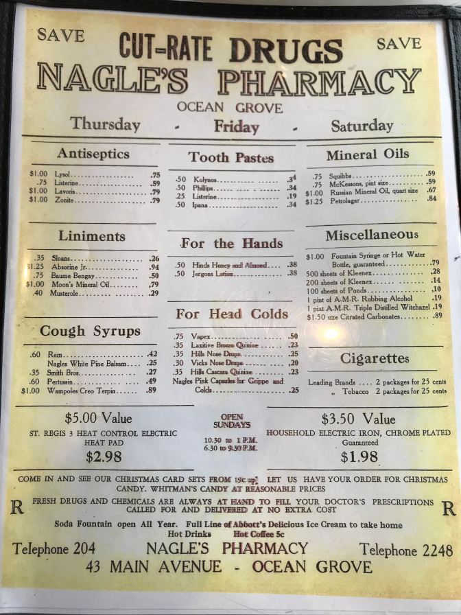 Rear of menu that lists Nagle's Pharmacy information, including prices for Antiseptics, tooth pastes, mineral oils, liniments, for the hands, miscellaneous, cough syrups, for head colds, cigarettes, along with delivery and payment information.