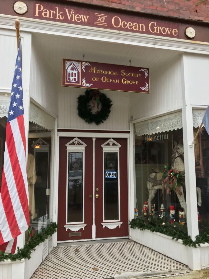 Exterior of Historical Society of Ocean Grove. A sign says HISTORICAL SOCIETY OF OCEAN GROVE.