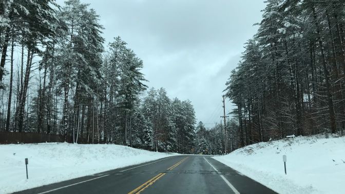 Snowy road in the Adirondacks, with snow covering the trees.